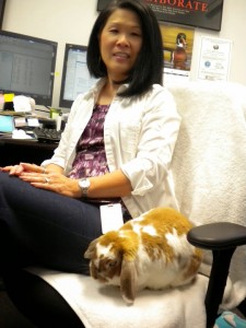 Mary Decker, HR administrator, brings her pet rabbit, Ginger, to the annual Spring celebration.