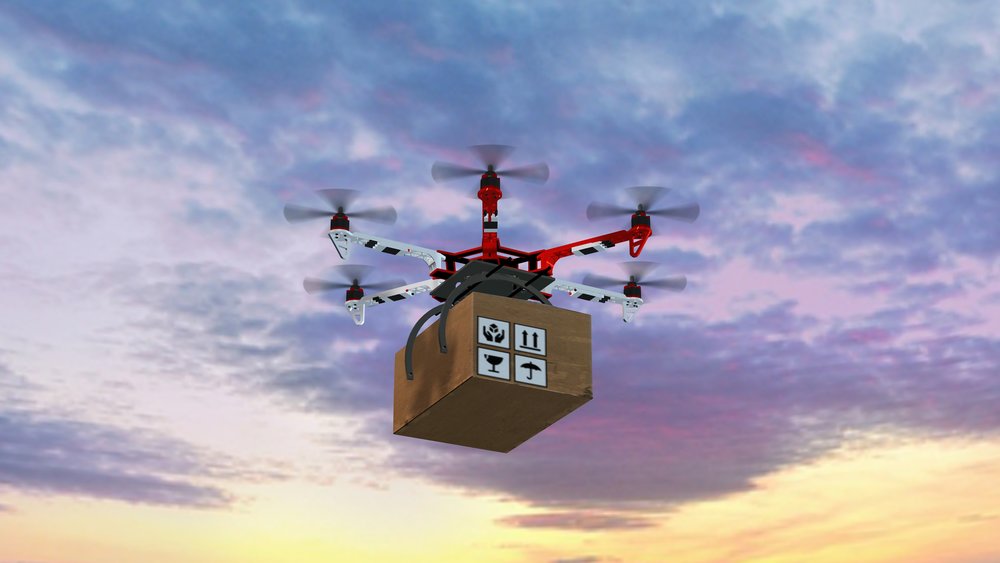 Drone Hexacopter delivers a package