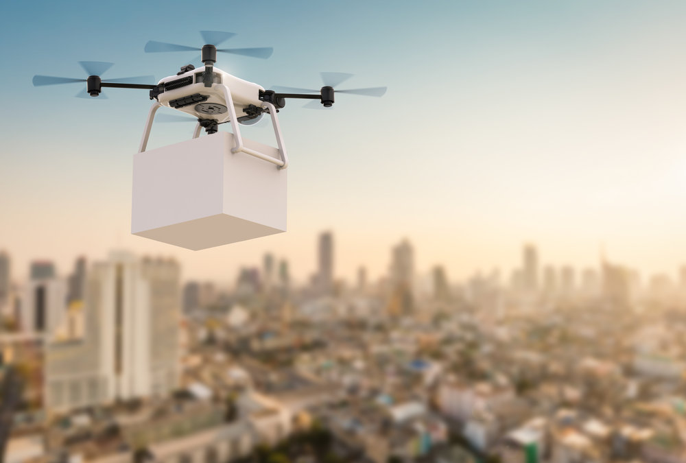 3d rendering delivery drone flying with cityscape background