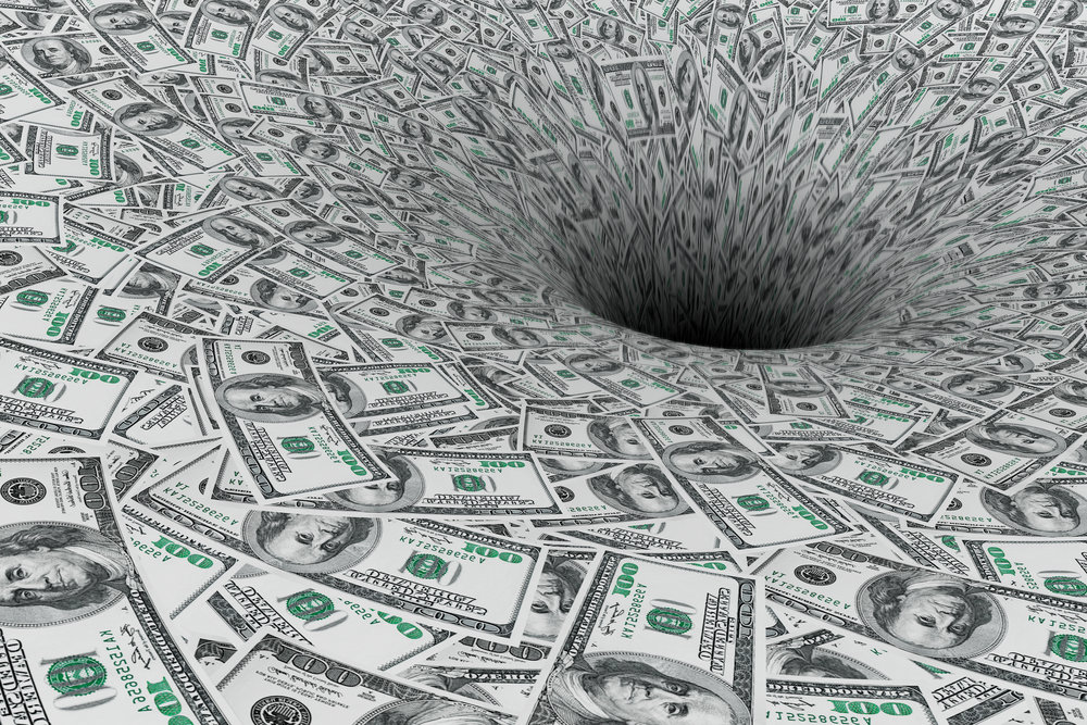 Crisis Concept. Money Flow in Black Hole extreme closeup