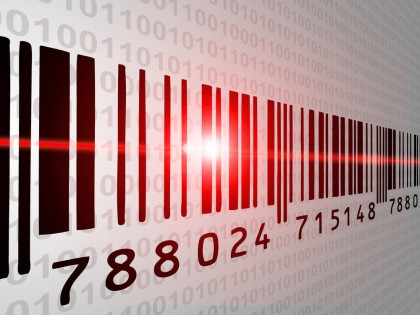 Barcode with red light ray and binary code in background