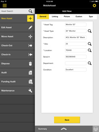 MobileAsset on iPad - Add new asset screen