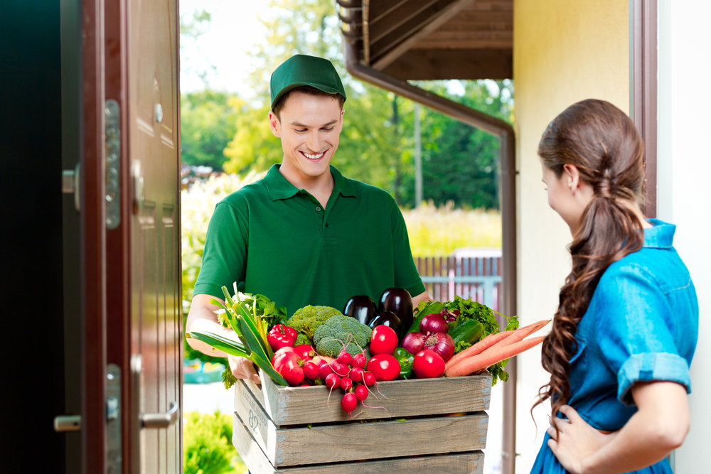 Delivery man delivering to home box with organic food, talking with female customer.