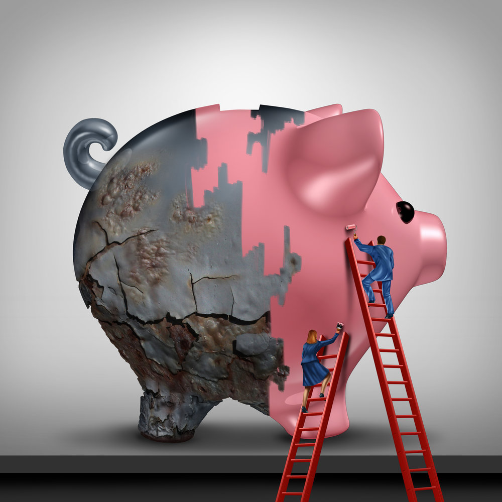 Financial credit recovery busness concept as a woman and man as bank or banking advisors repairing an old rusted piggy bank with a fresh coat of paint as a savings improvement metaphor with 3D illustration elements.